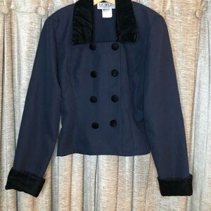 La Belle Vintage 90’s Velvet Trimmed Blue  Double Breasted Blazer Size 3